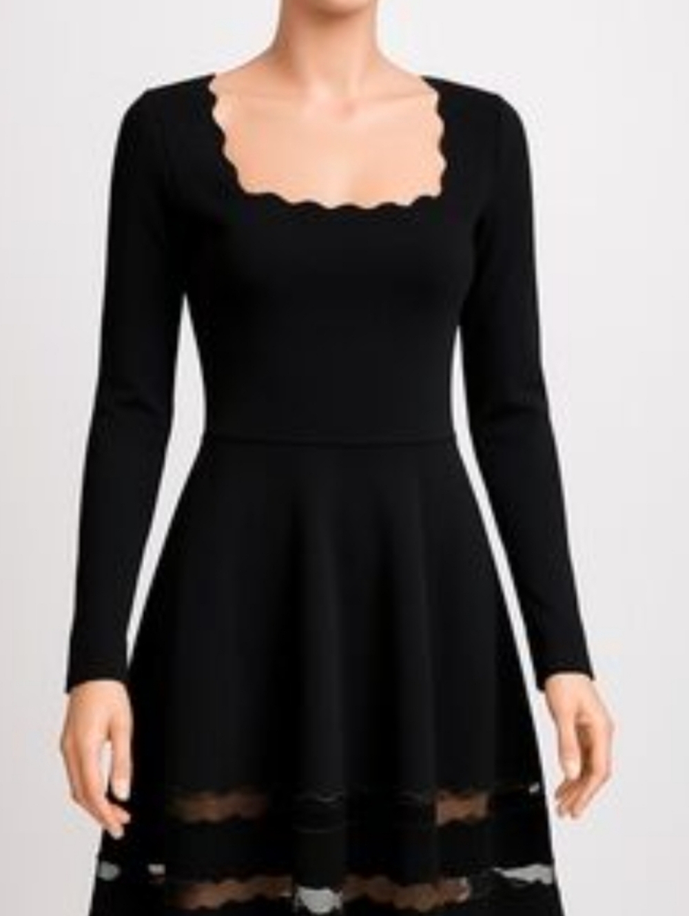 RED Valentino Black Long-Sleeve Fit-and-Flare Dress with Scallop Neckline